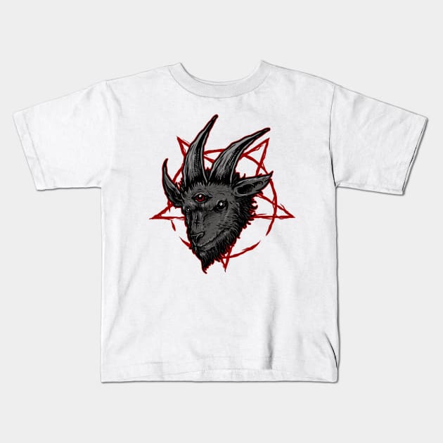 Black Baphomet Goat Head over Red Pantagram Kids T-Shirt by hclara23